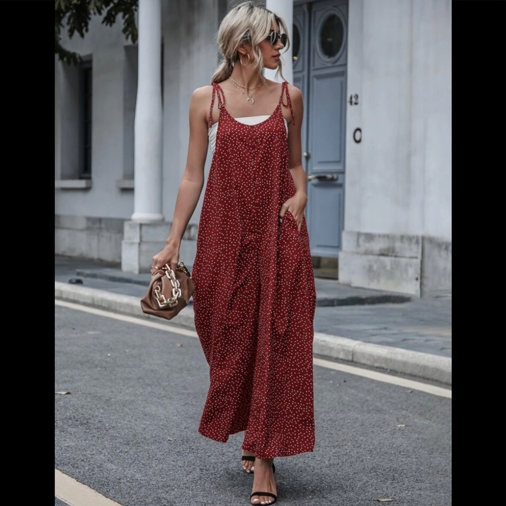 Polka Dot Slant Pockets Tie Shoulder Jumpsuit dress Without
Tube Top